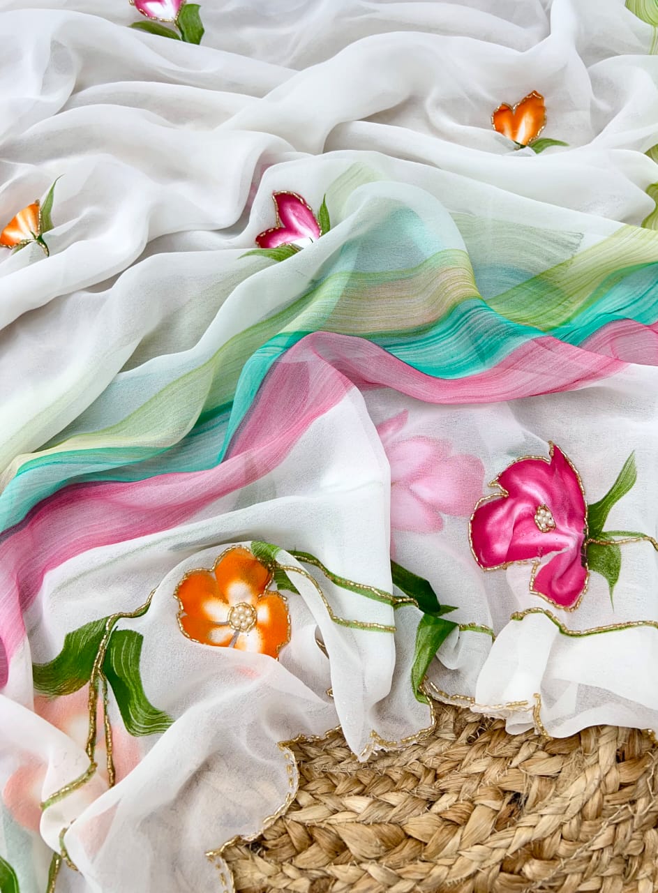 Attractive New Multi Colour Soft Pure Georgette Handbrush Flower n Handwork Fancy Designer Saree With Blouse