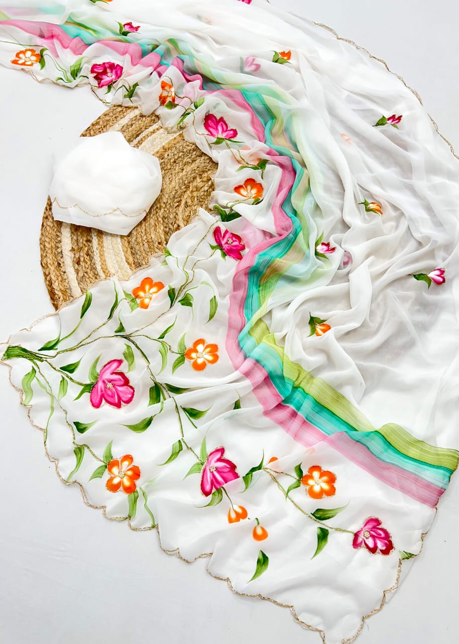 Attractive New Multi Colour Soft Pure Georgette Handbrush Flower n Handwork Fancy Designer Saree With Blouse