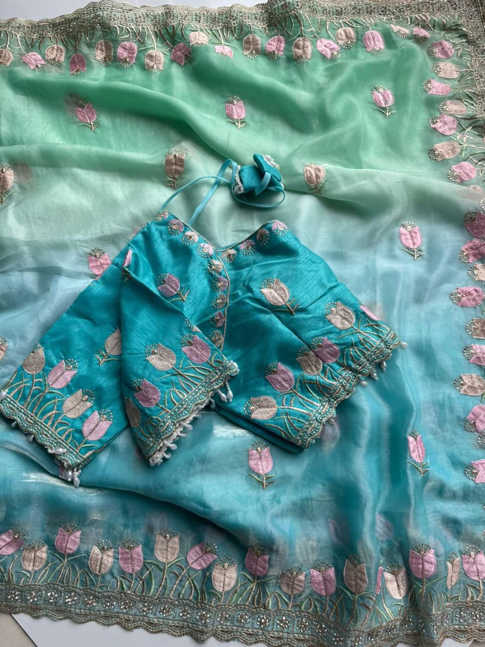 New Wedding Wear Blue Pedding Color Soft Silk Embroidery Work Fancy Designer Saree With Unstitched Blouse Piece