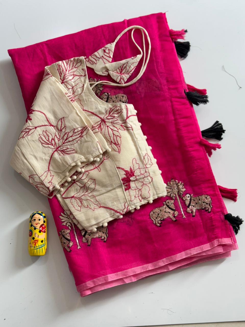 Mellifluous Party Wear Chanderi Cotton Embroidery n Tussels Work Fancy Designer Saree With Stitched Blouse