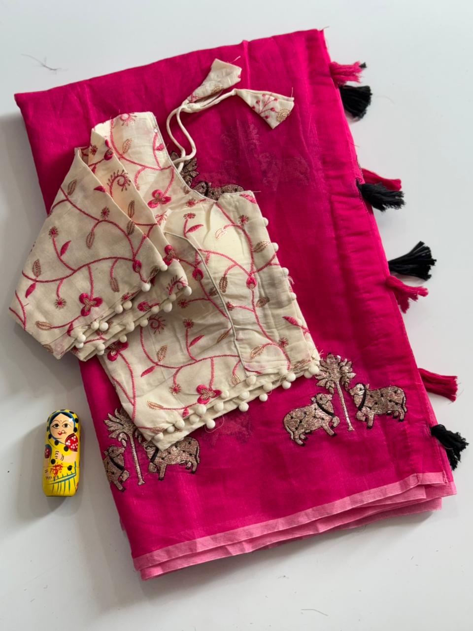 Mellifluous Party Wear Chanderi Cotton Embroidery n Tussels Work Fancy Designer Saree With Stitched Blouse