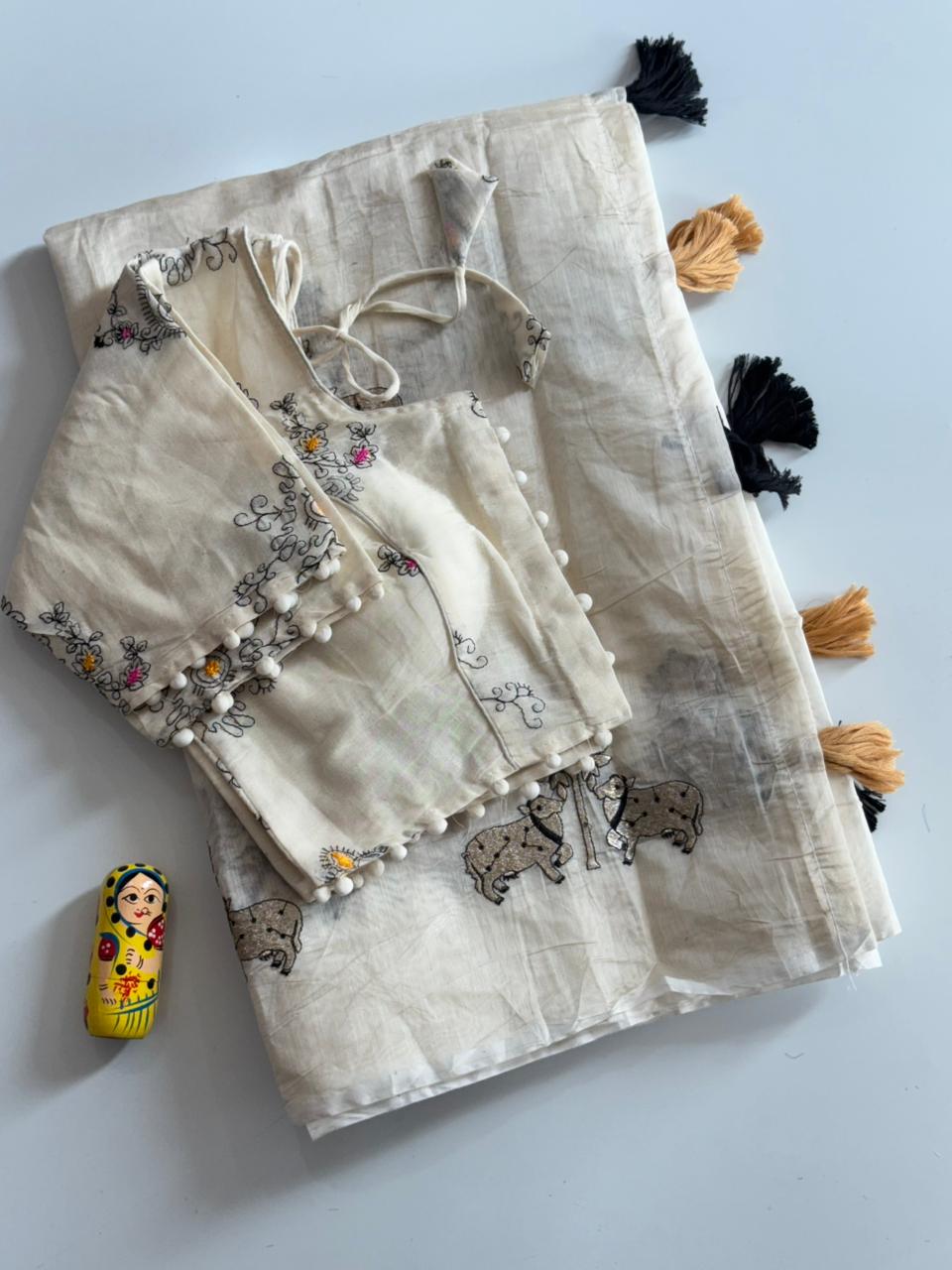 Mellifluous Party Wear Chanderi Cotton Embroidery n Tussels Work Fancy Designer Saree With Stitched Blouse