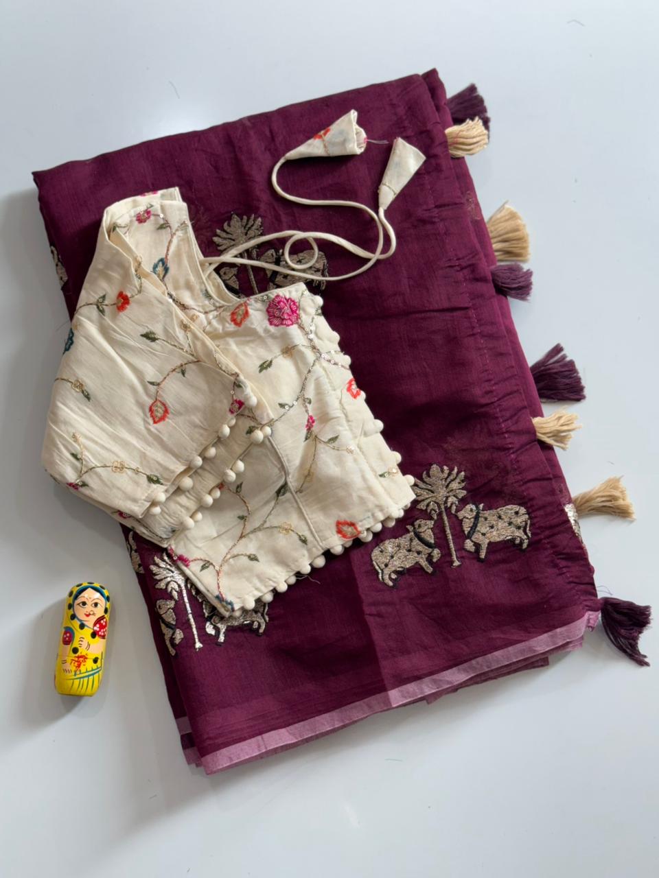 Mellifluous Party Wear Chanderi Cotton Embroidery n Tussels Work Fancy Designer Saree With Stitched Blouse