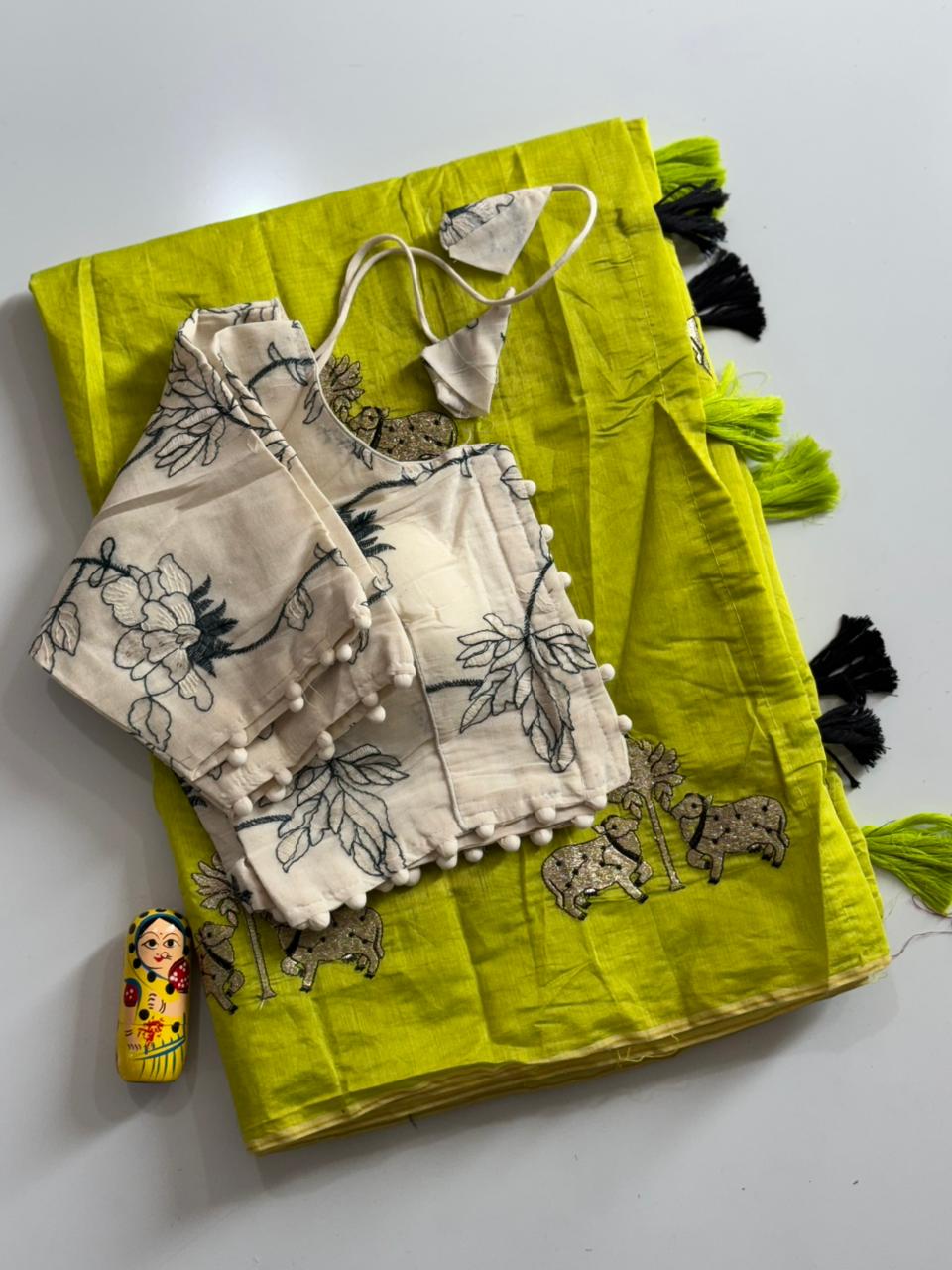Mellifluous Party Wear Chanderi Cotton Embroidery n Tussels Work Fancy Designer Saree With Stitched Blouse