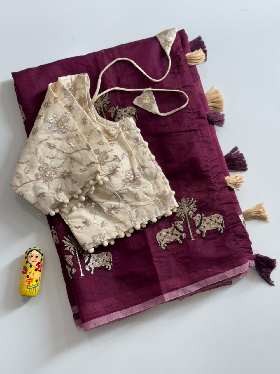 Mellifluous Party Wear Chanderi Cotton Embroidery n Tussels Work Fancy Designer Saree With Stitched Blouse