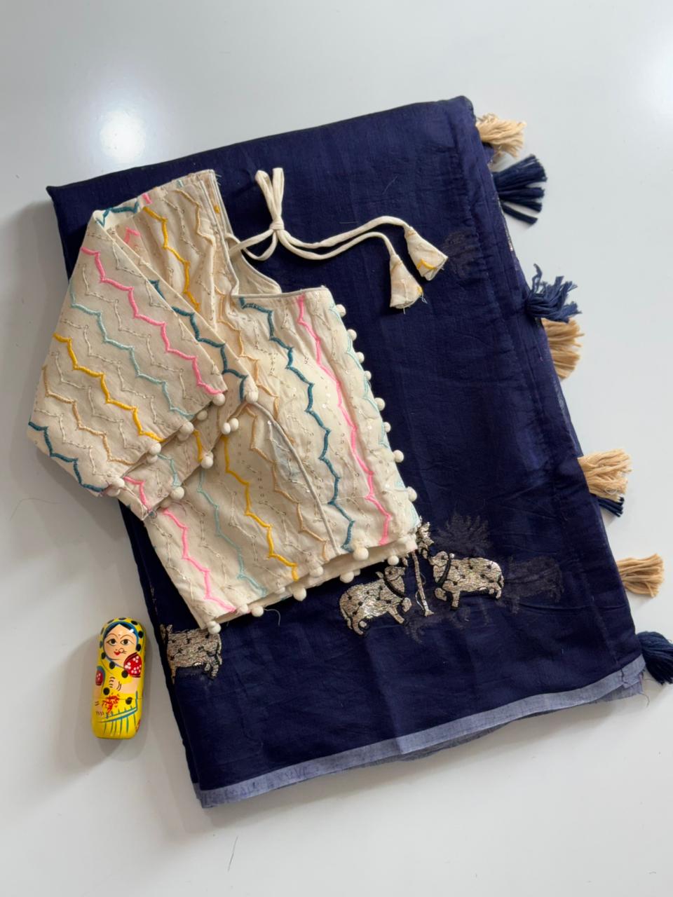 Mellifluous Party Wear Chanderi Cotton Embroidery n Tussels Work Fancy Designer Saree With Stitched Blouse