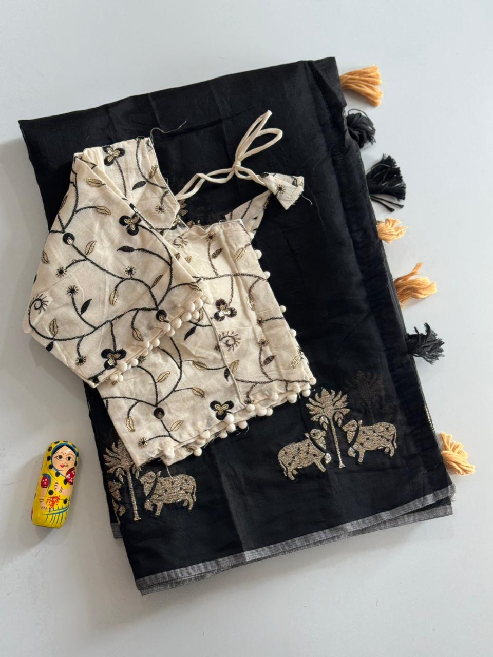 Mellifluous Party Wear Chanderi Cotton Embroidery n Tussels Work Fancy Designer Saree With Stitched Blouse