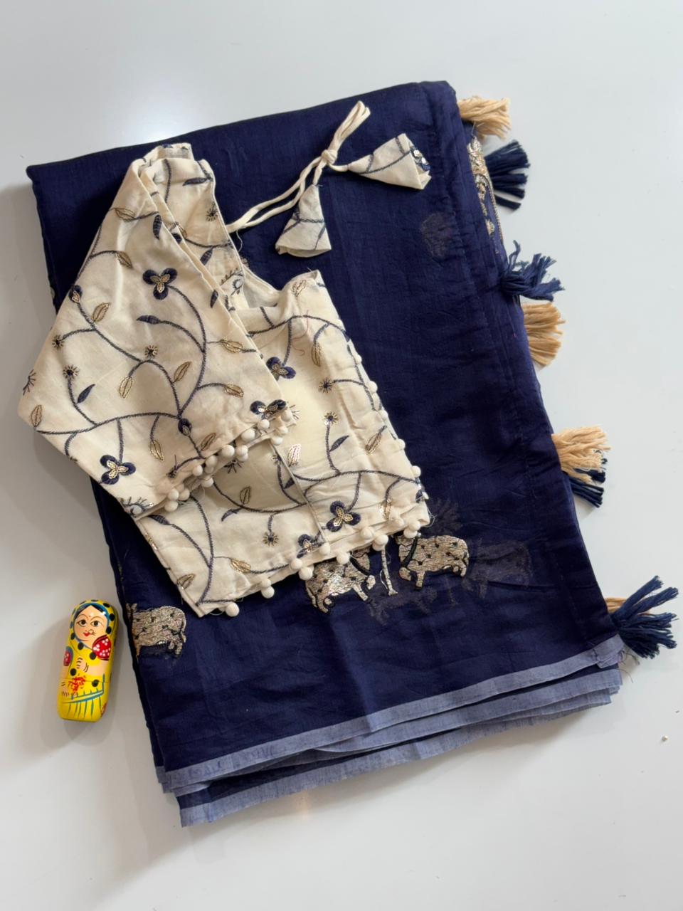 Mellifluous Party Wear Chanderi Cotton Embroidery n Tussels Work Fancy Designer Saree With Stitched Blouse
