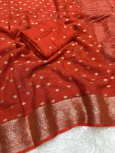 Load image into Gallery viewer, Charismatic Party Wear Pure Viscose Chinoon Zari Jacquard Weaving Work Fancy Designer Saree With Glowing Blouse Piece
