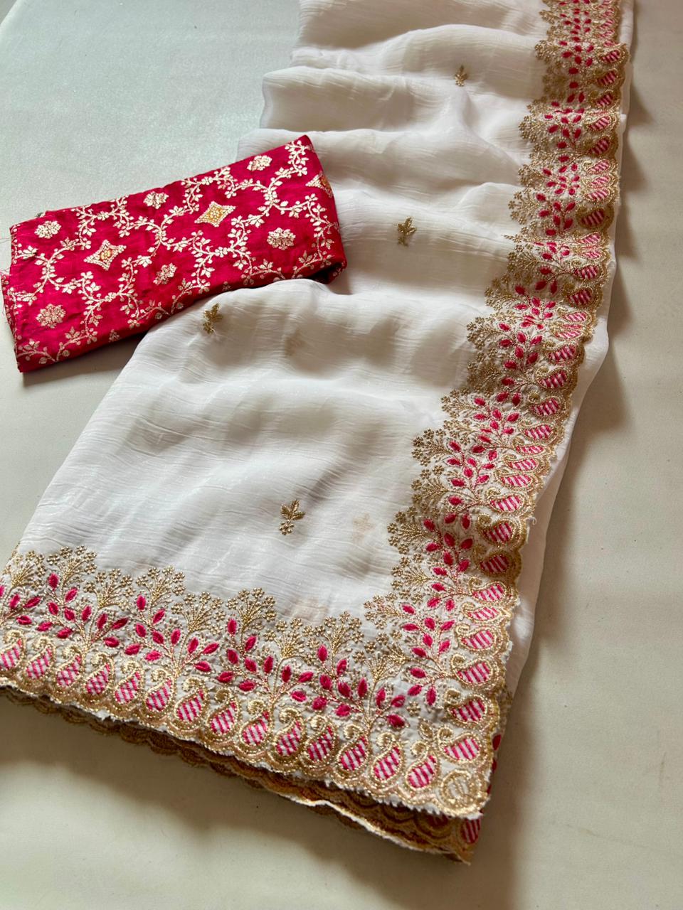 New Wedding Wear Off White Color Soft Crush Silk Embroidery n Cut Work Fancy Designer Saree With Blouse Piece