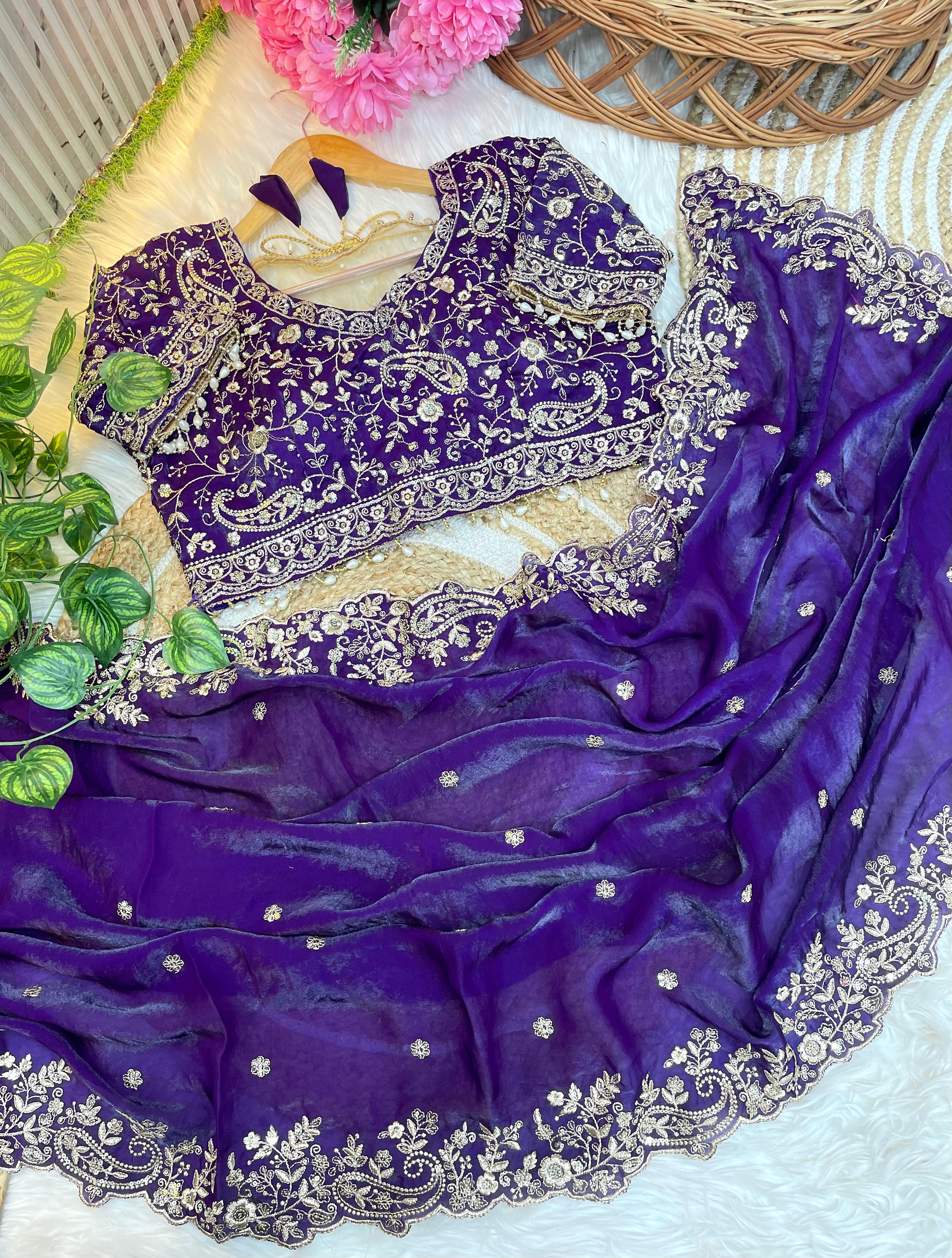Outstanding Festival Wear Satin Silk Heavy Embroidery n Aarco Work Fancy Designer Saree With Stitched Blouse