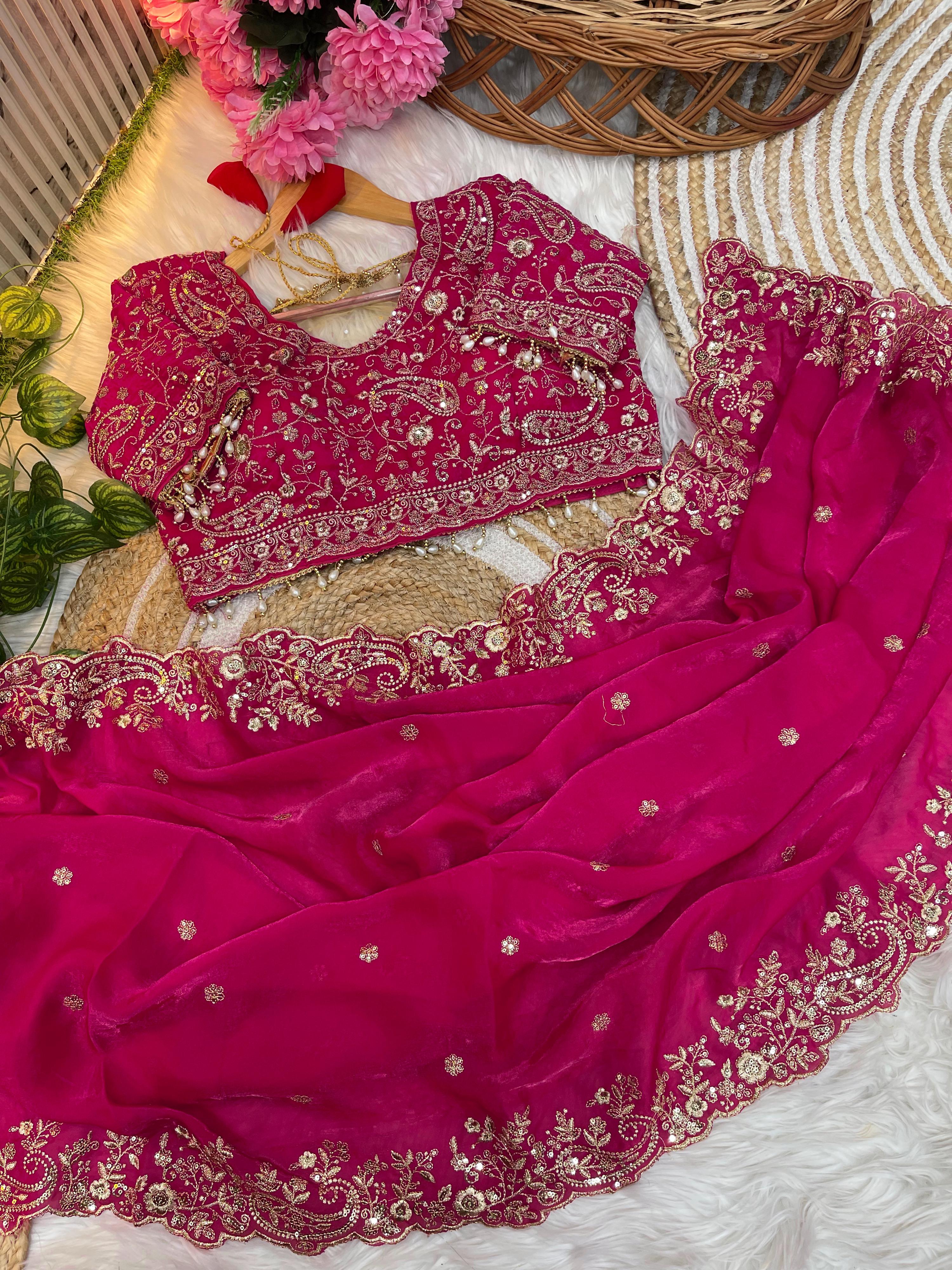 Outstanding Festival Wear Satin Silk Heavy Embroidery n Aarco Work Fancy Designer Saree With Stitched Blouse