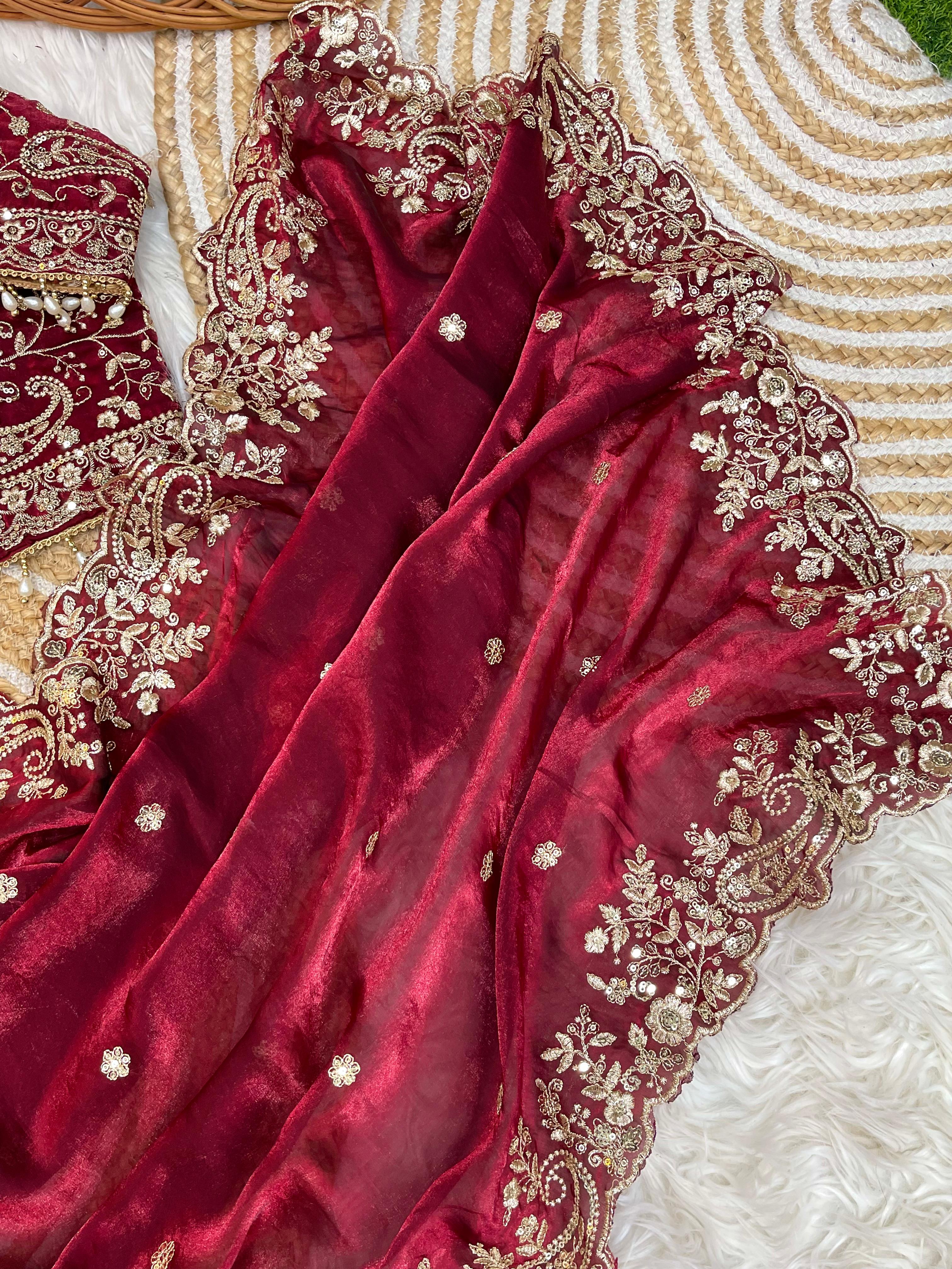 Outstanding Festival Wear Satin Silk Heavy Embroidery n Aarco Work Fancy Designer Saree With Stitched Blouse