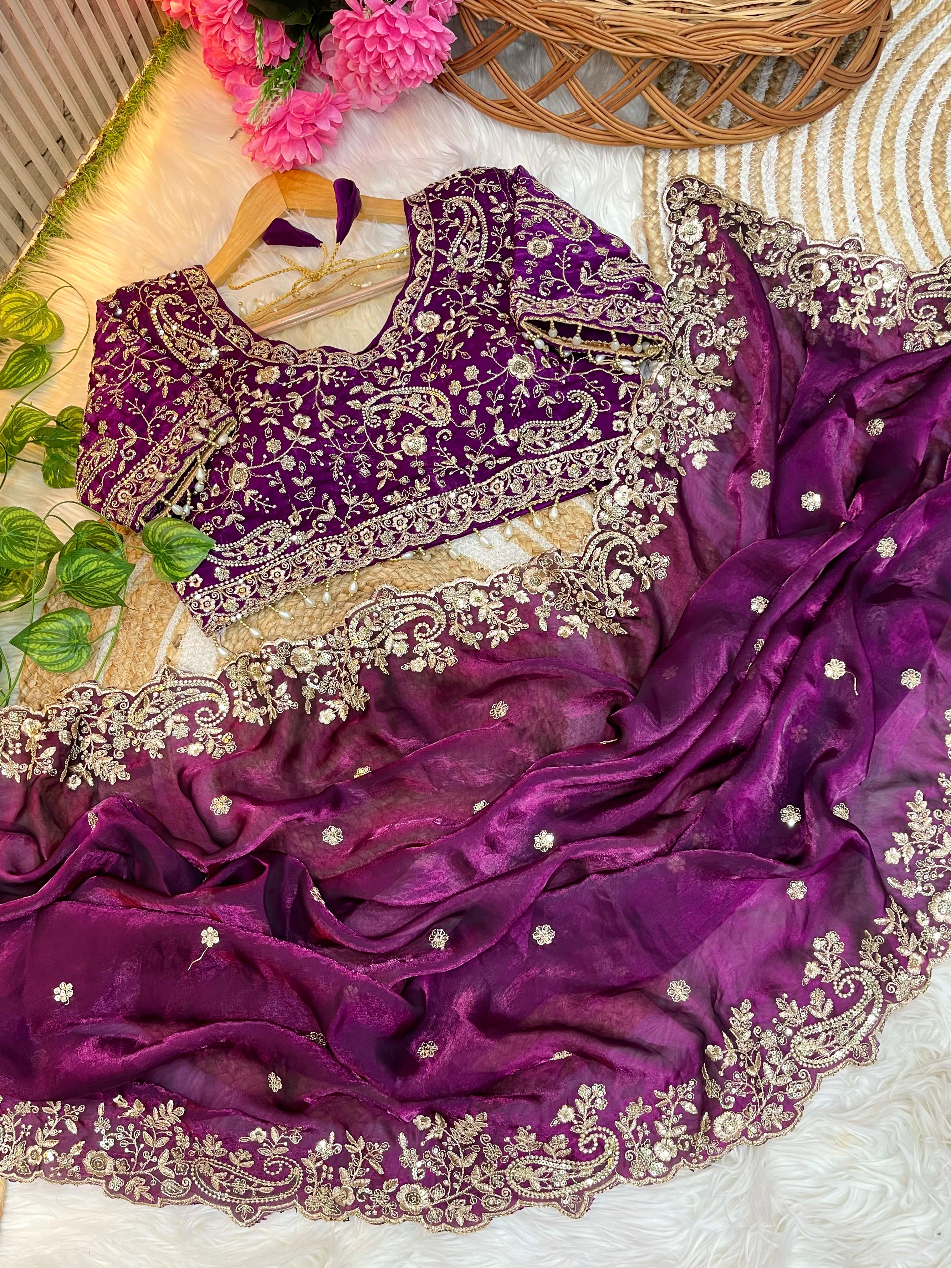 Outstanding Festival Wear Satin Silk Heavy Embroidery n Aarco Work Fancy Designer Saree With Stitched Blouse