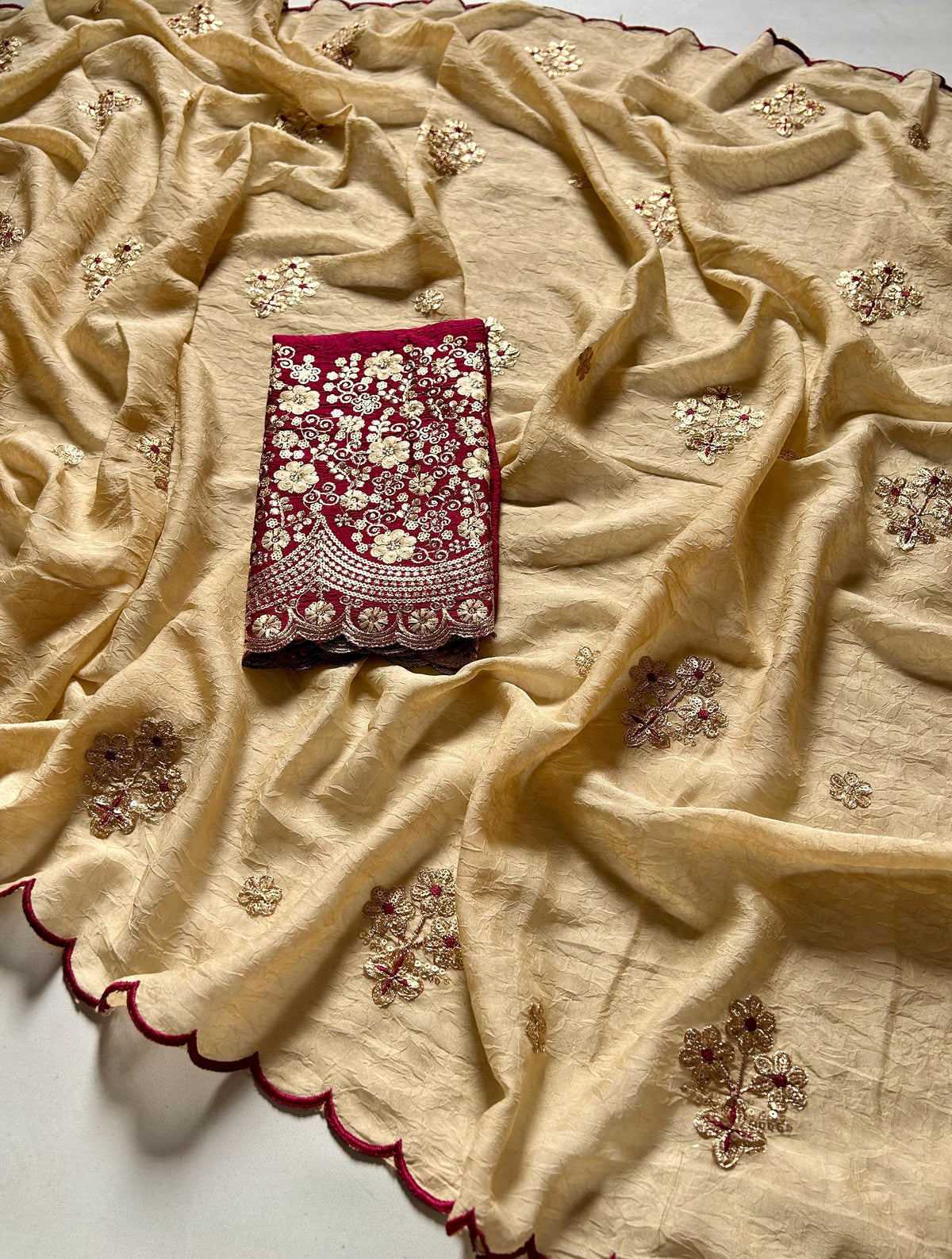 Marvellous Gold Rangoli Crush Silk Embroidery n Cut Work Saree With Unique Blouse Piece