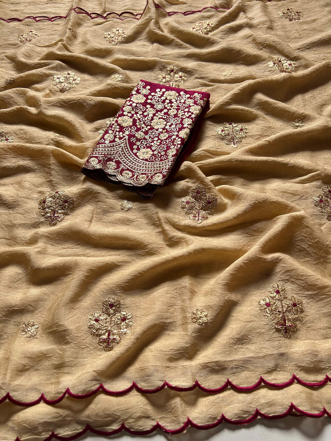 Marvellous Gold Rangoli Crush Silk Embroidery n Cut Work Saree With Unique Blouse Piece