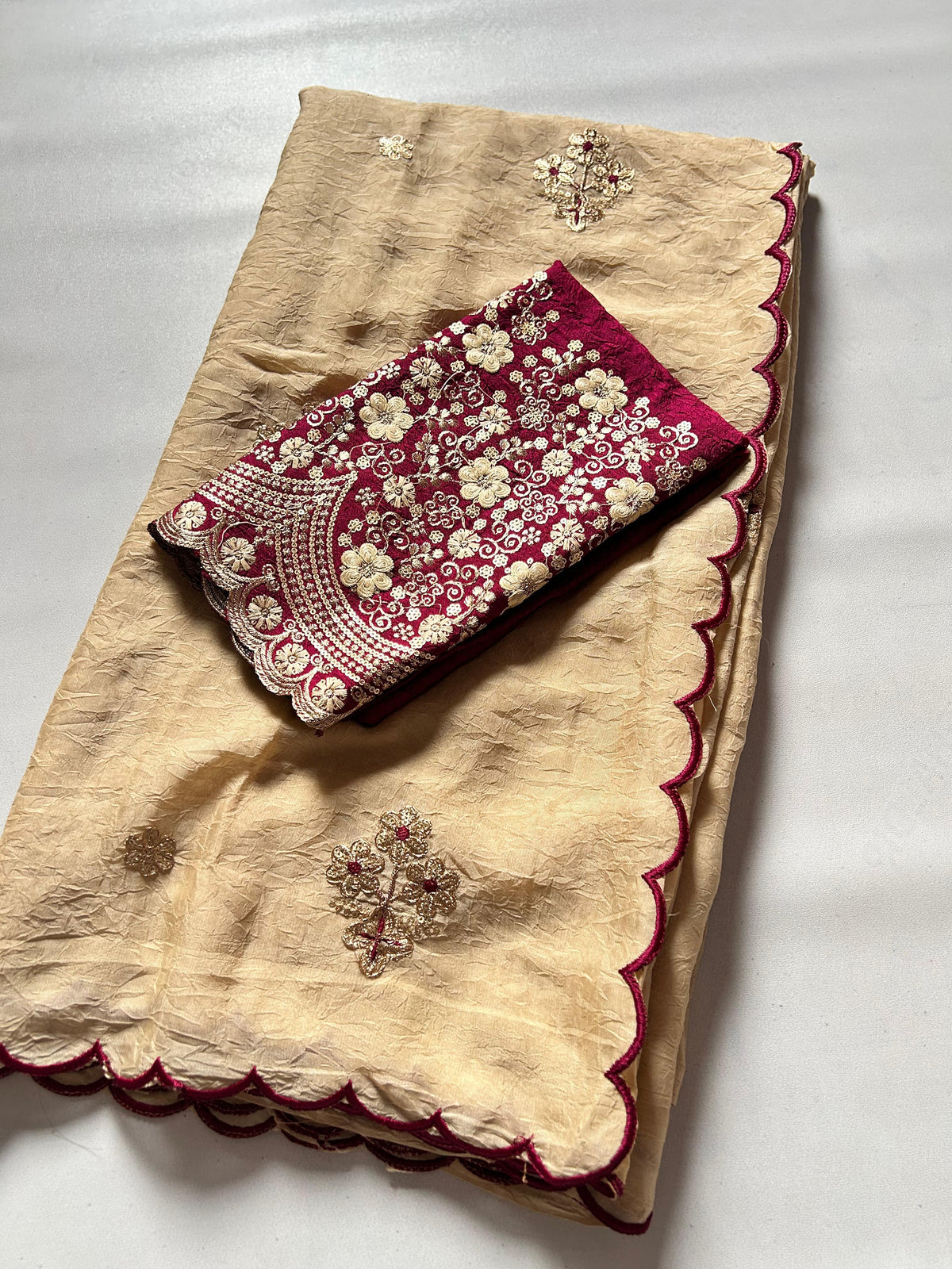 Marvellous Gold Rangoli Crush Silk Embroidery n Cut Work Saree With Unique Blouse Piece