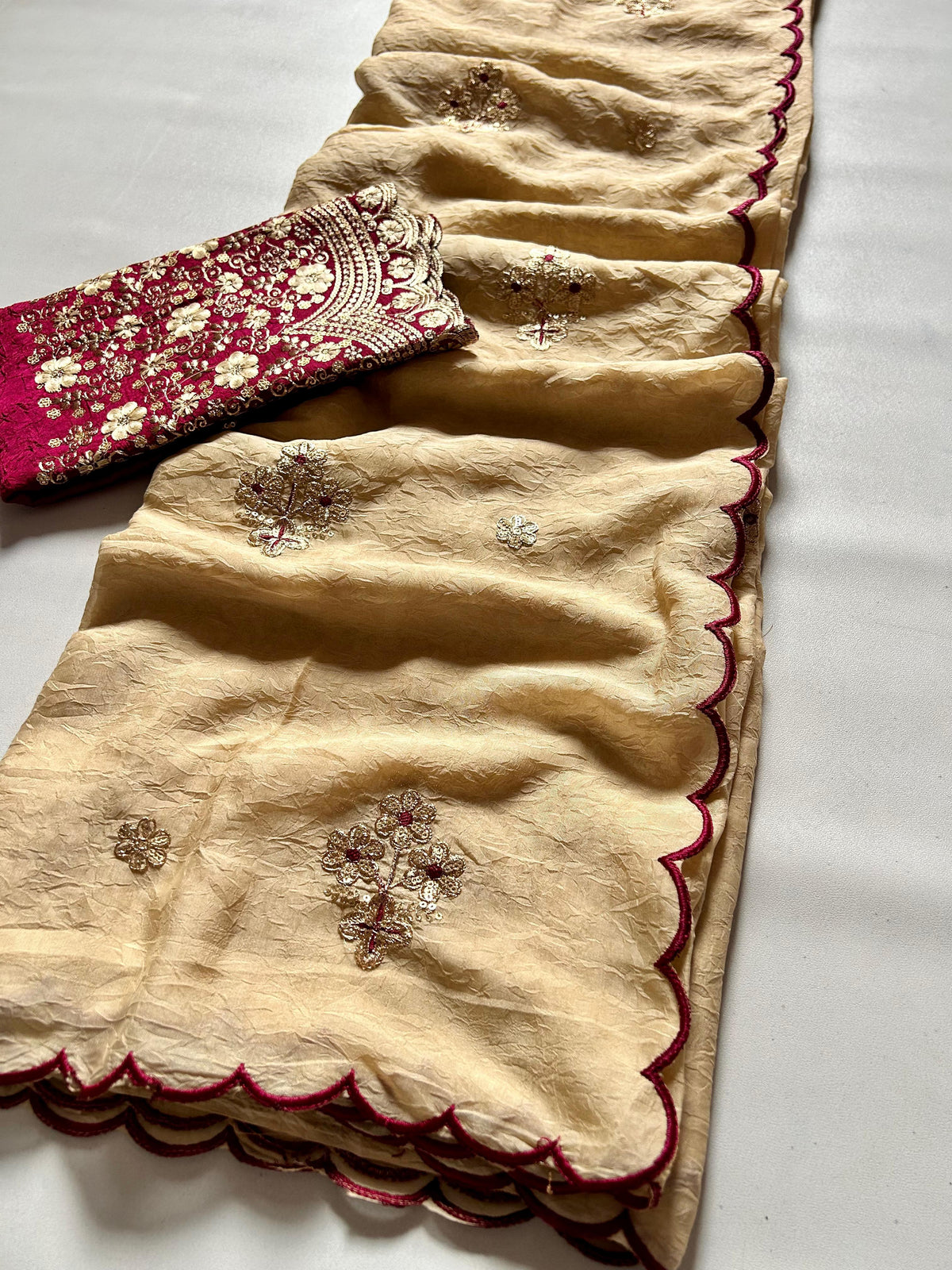 Marvellous Gold Rangoli Crush Silk Embroidery n Cut Work Saree With Unique Blouse Piece