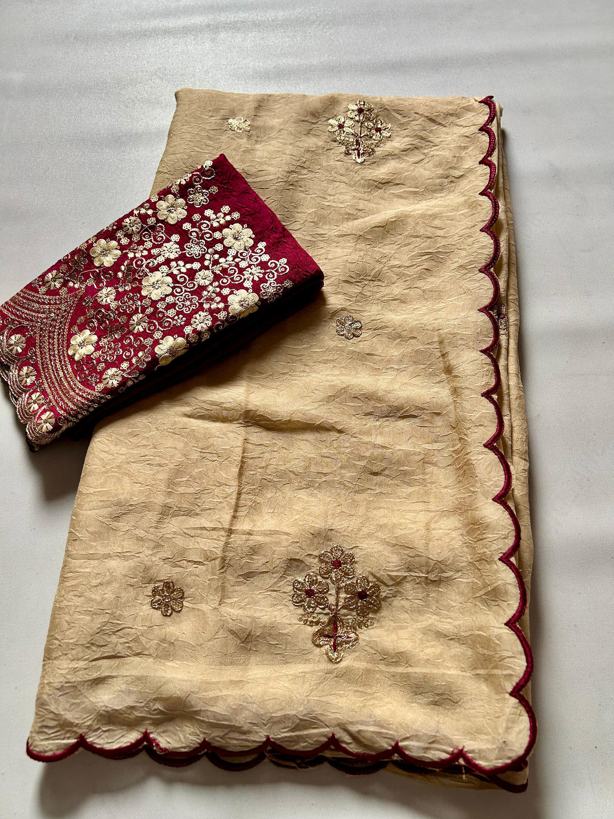 Marvellous Gold Rangoli Crush Silk Embroidery n Cut Work Saree With Unique Blouse Piece