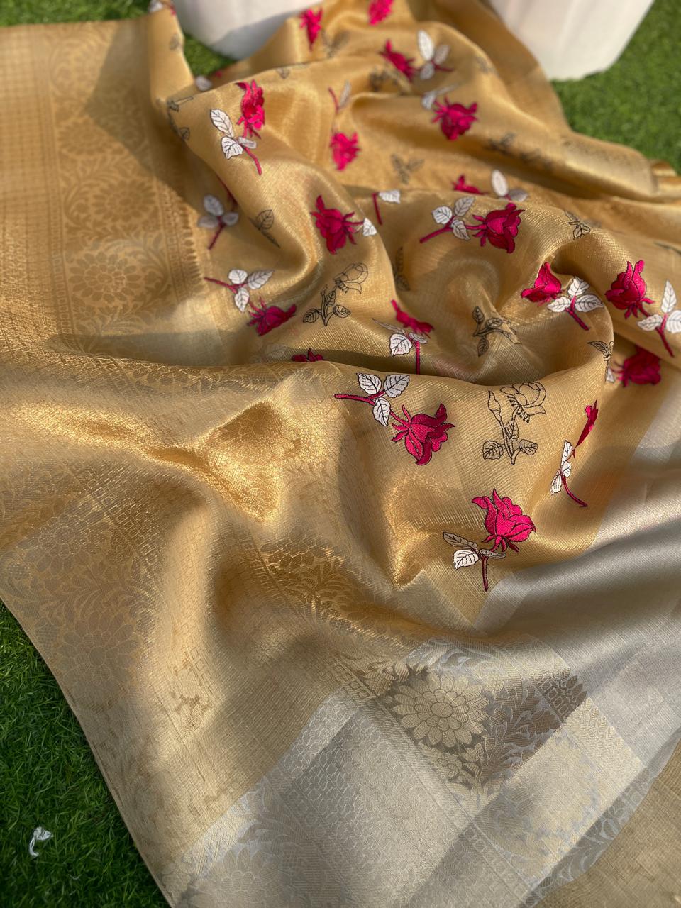Festive wear Golden Color Banarasi TIssue Silk Emboidery Work Fancy Designer Saree With Blouse
