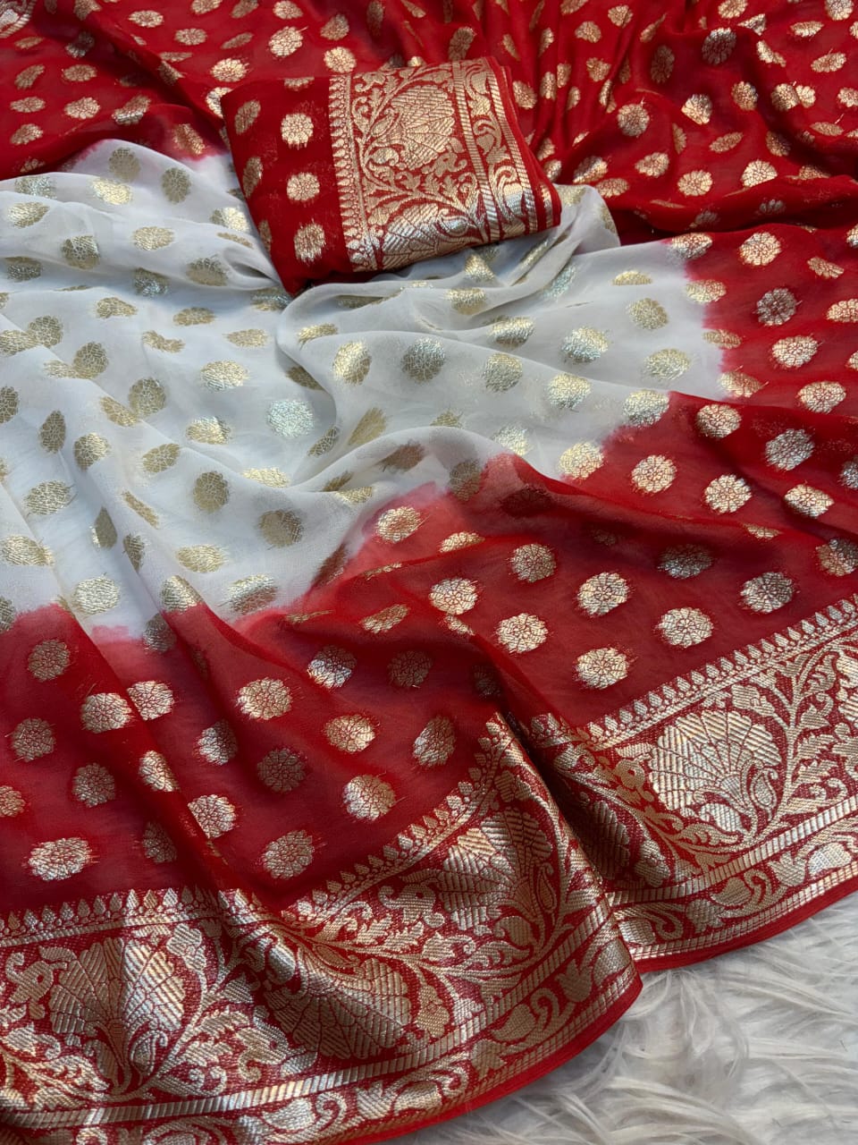 Latest Wedding wear White n Red Viscose Georgette Jacquard Weaving Work Designer Saree With Blouse