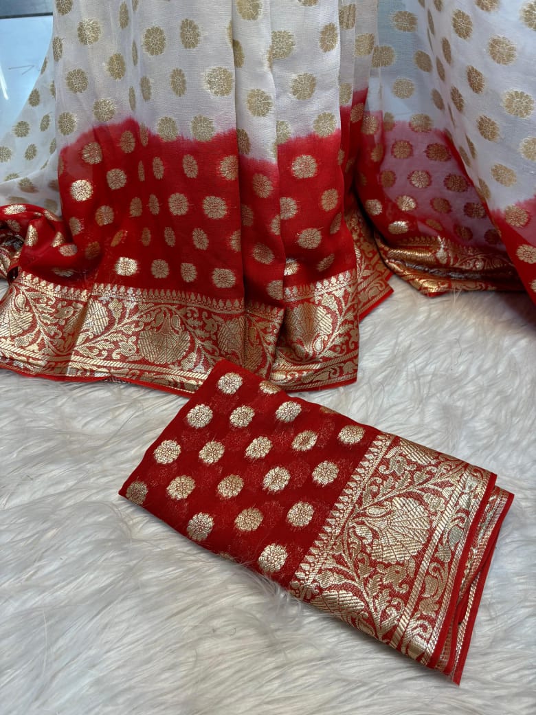 Latest Wedding wear White n Red Viscose Georgette Jacquard Weaving Work Designer Saree With Blouse