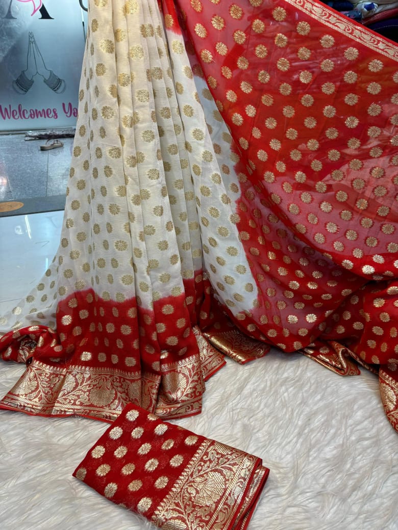 Latest Wedding wear White n Red Viscose Georgette Jacquard Weaving Work Designer Saree With Blouse