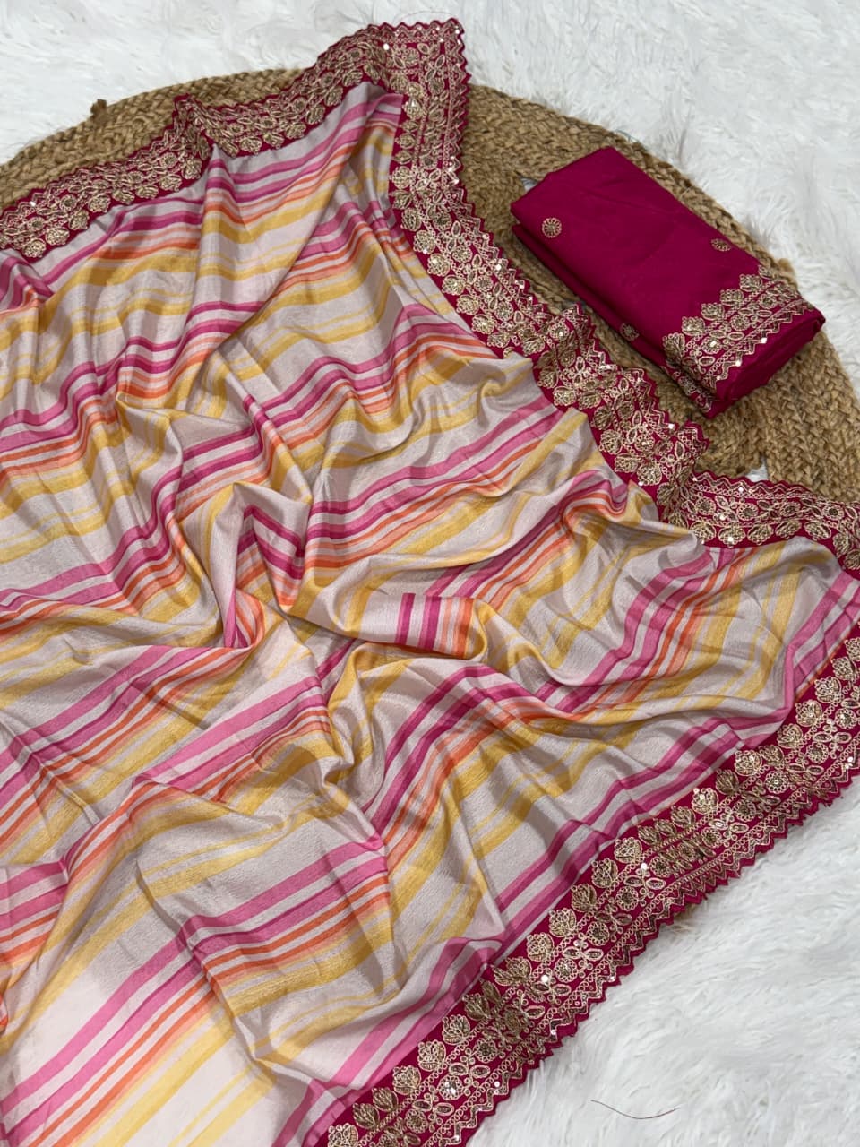 Adorning Party Wear Multicolour Chinnon Silk Embroidery n Sequence Work Heavy Border Fancy Designer Saree
