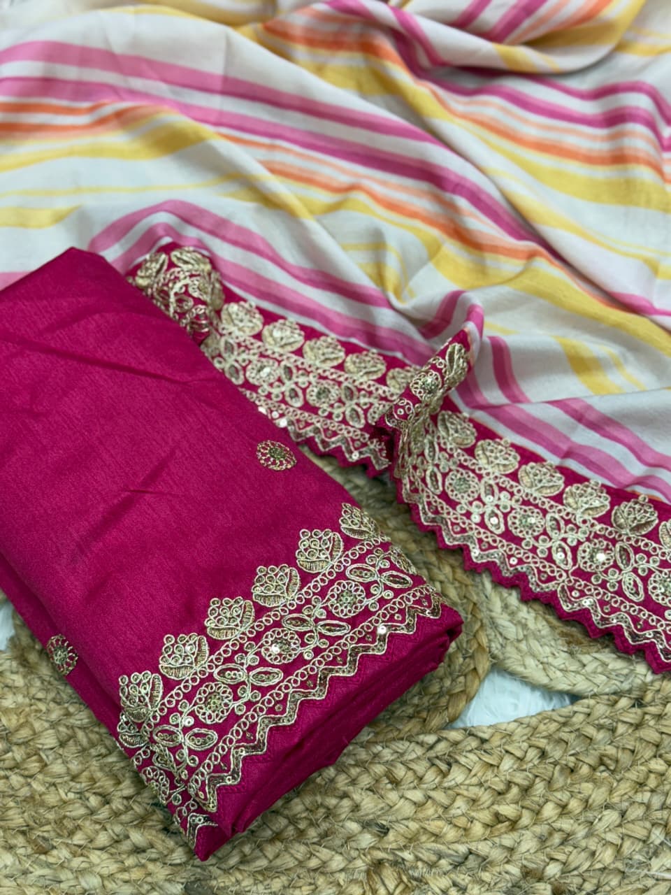 Adorning Party Wear Multicolour Chinnon Silk Embroidery n Sequence Work Heavy Border Fancy Designer Saree