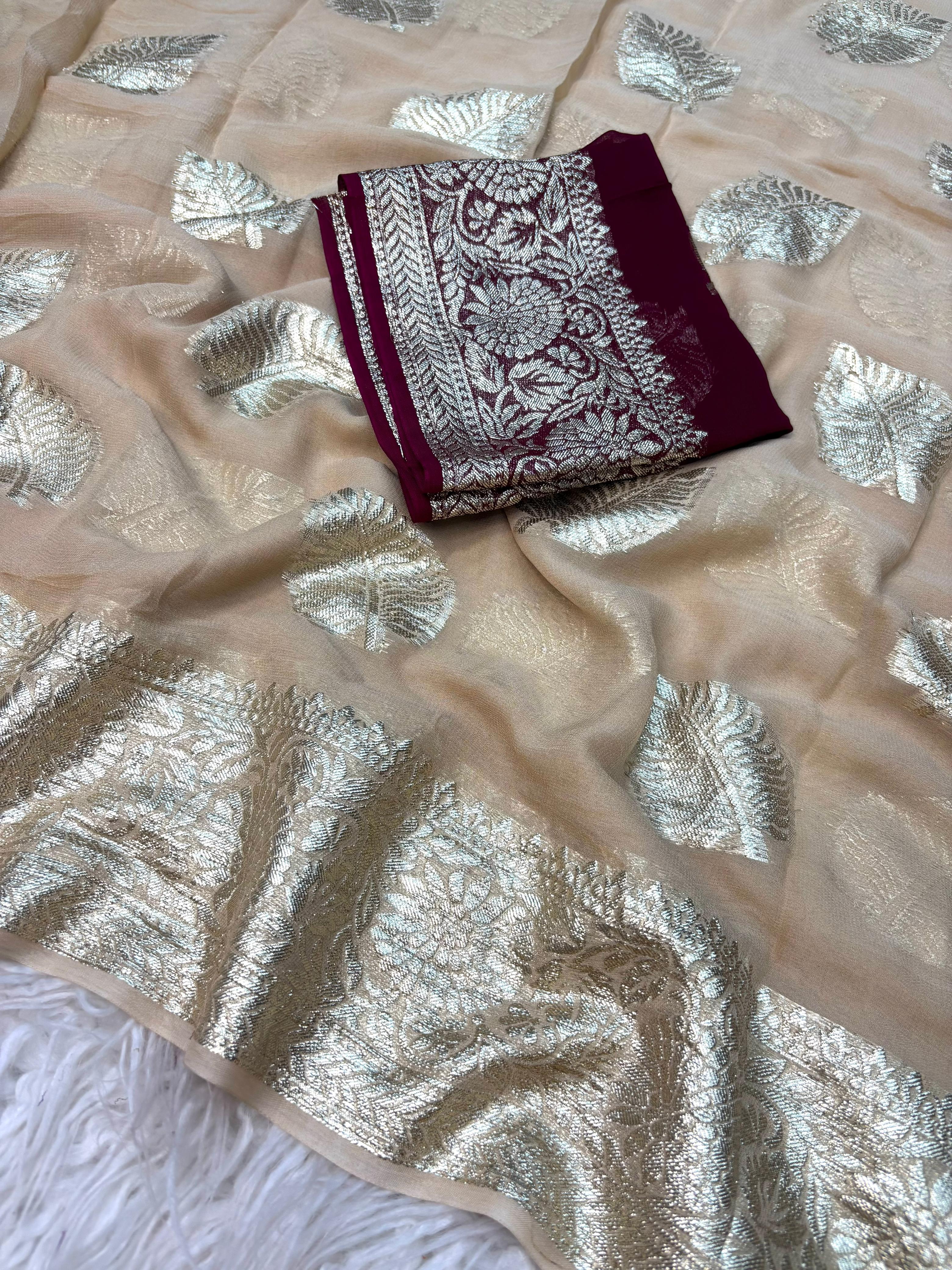 New Wedding Wear Viscose Georgette Jacquard Zari Work Fancy Designer Saree