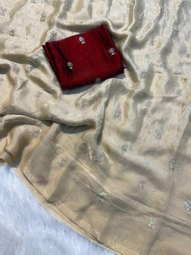 New Partywear Golden Satin Silk Fabric Sequence Emboridery Work Fancy Designer Saree With Blouse