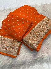 Load image into Gallery viewer, New Festive Wear Orange Color Viscose Georgette Jacquard Zari Weaving Work Fancy Designer Saree
