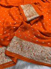 Load image into Gallery viewer, New Festive Wear Orange Color Viscose Georgette Jacquard Zari Weaving Work Fancy Designer Saree
