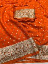Load image into Gallery viewer, New Festive Wear Orange Color Viscose Georgette Jacquard Zari Weaving Work Fancy Designer Saree
