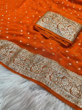 Load image into Gallery viewer, New Festive Wear Orange Color Viscose Georgette Jacquard Zari Weaving Work Fancy Designer Saree
