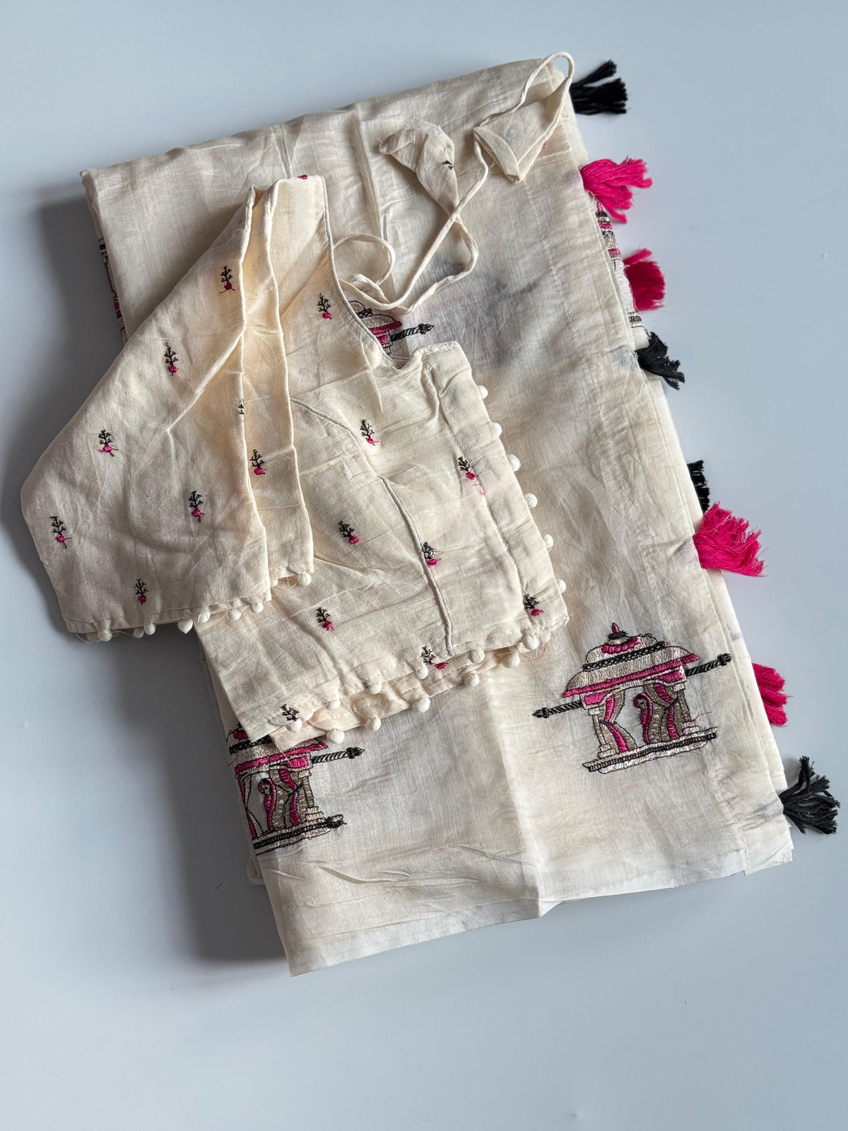 Mellifluous Function Wear Chanderi Cotton Embroidery n Tussels Work Fancy Designer Saree With Stitched Blouse