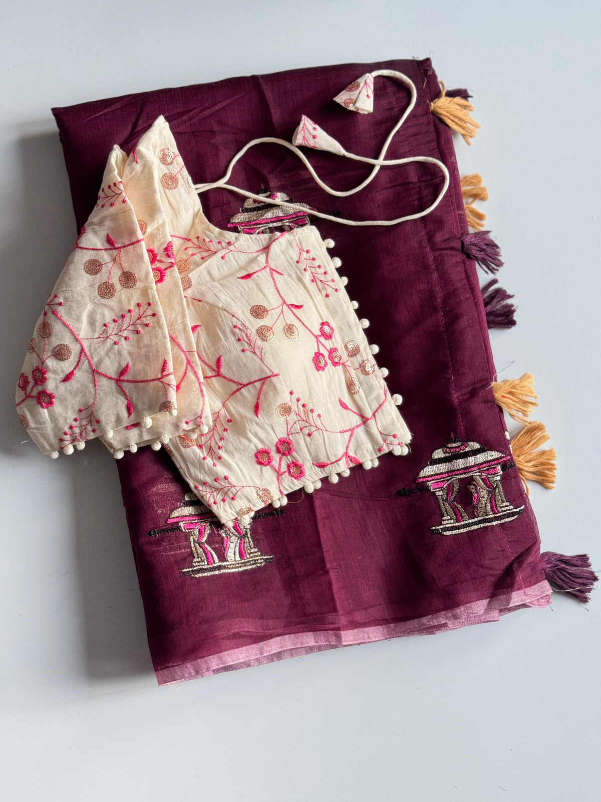 Mellifluous Function Wear Chanderi Cotton Embroidery n Tussels Work Fancy Designer Saree With Stitched Blouse