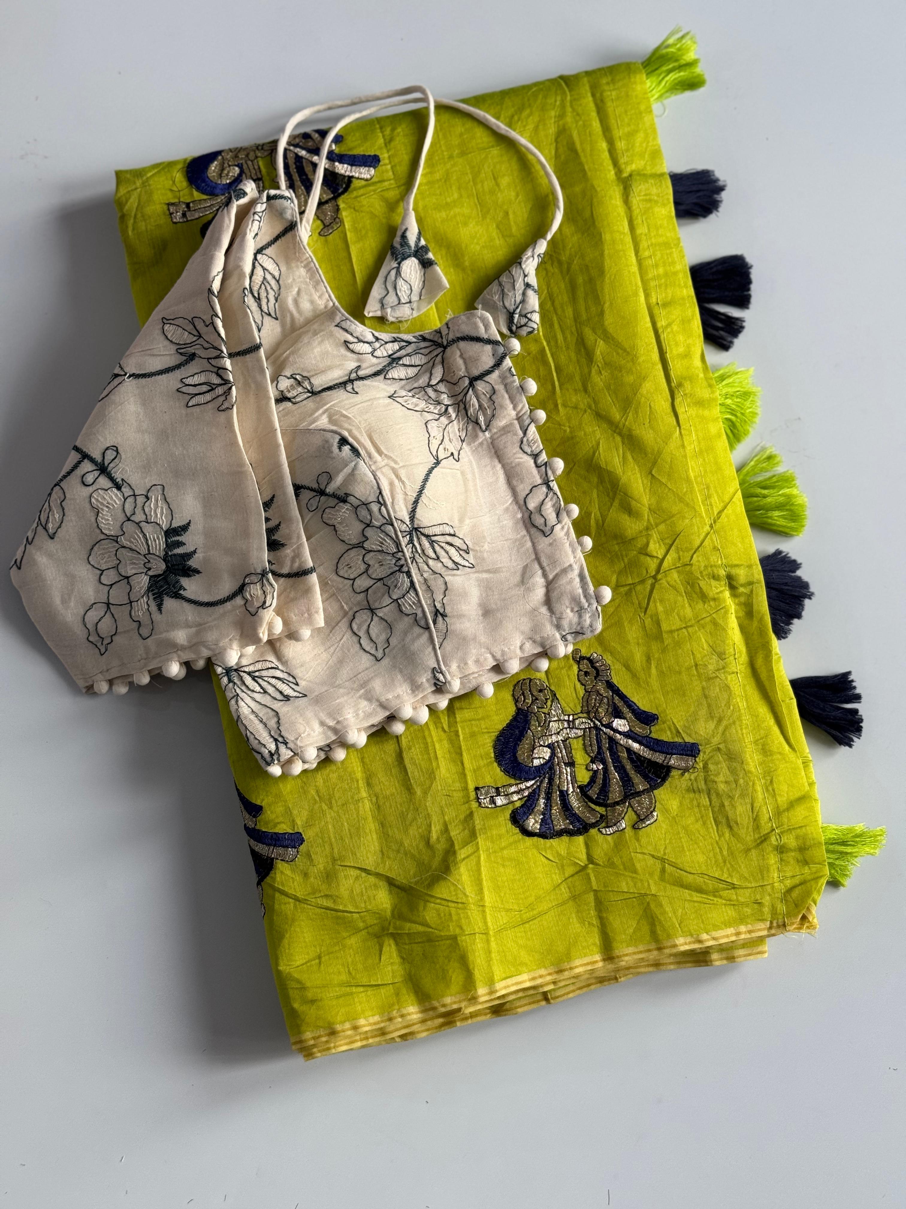 Captivating Party Wear Chanderi Cotton Embroidery n Tussels Work Fancy Designer Saree With Stitched Blouse
