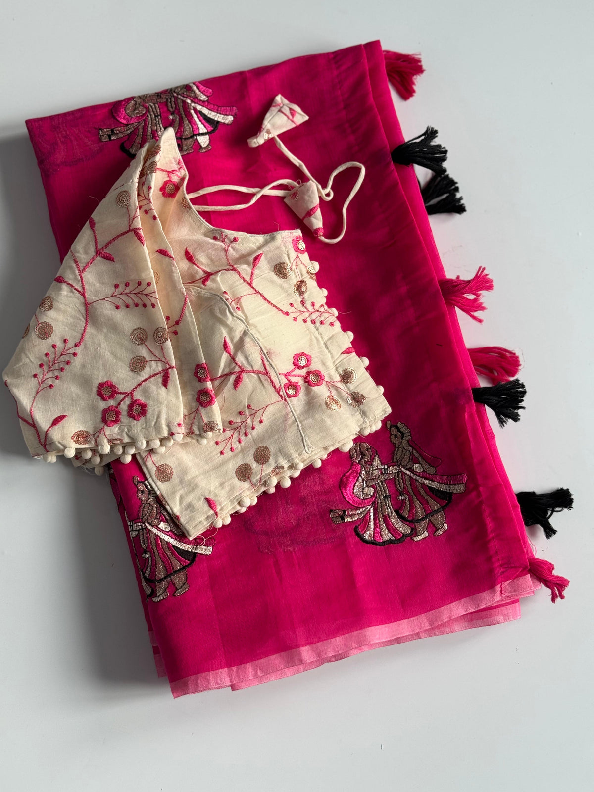 Captivating Party Wear Chanderi Cotton Embroidery n Tussels Work Fancy Designer Saree With Stitched Blouse