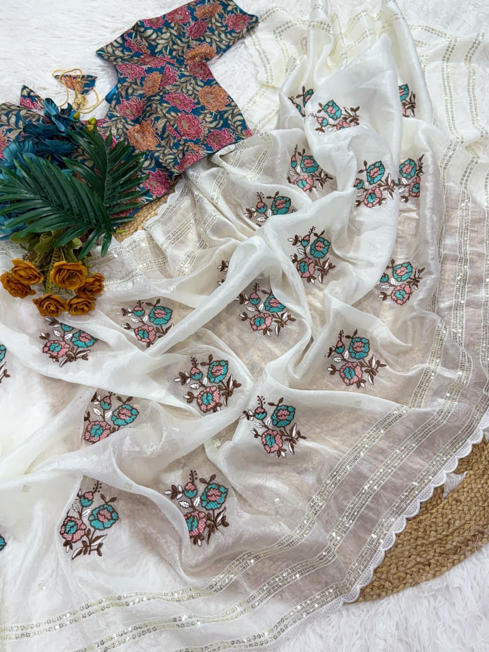 Gratifying Party Wear White Colour Pure Crush Chiffon Embroidery n Sequence Work With Stitched Blouse Fancy Designer Saree