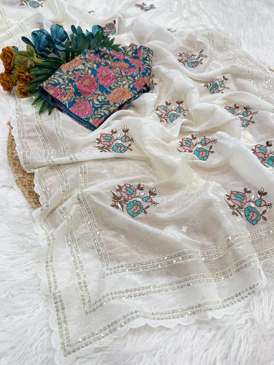 Gratifying Party Wear White Colour Pure Crush Chiffon Embroidery n Sequence Work With Unstitched Blouse Fancy Designer Saree