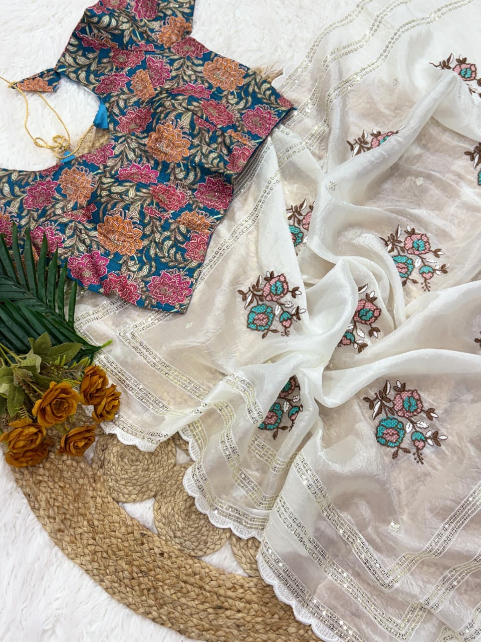 Gratifying Party Wear White Colour Pure Crush Chiffon Embroidery n Sequence Work With Unstitched Blouse Fancy Designer Saree