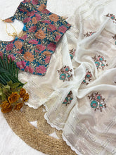 Load image into Gallery viewer, Gratifying Party Wear White Colour Pure Crush Chiffon Embroidery n Sequence Work With Stitched Blouse Fancy Designer Saree
