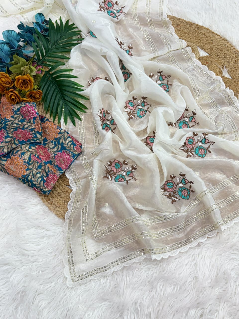 Gratifying Party Wear White Colour Pure Crush Chiffon Embroidery n Sequence Work With Unstitched Blouse Fancy Designer Saree
