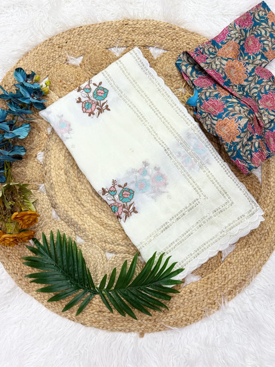 Gratifying Party Wear White Colour Pure Crush Chiffon Embroidery n Sequence Work With Unstitched Blouse Fancy Designer Saree