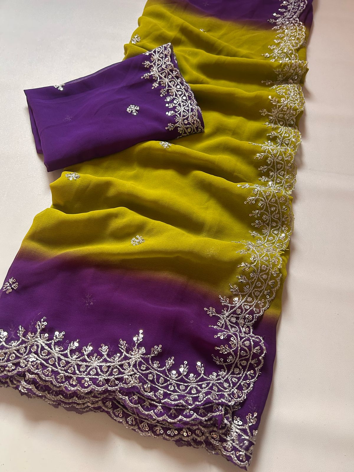 Mellifluous Party Wear Soft Chiffon Silk Sequence Embroidery n Arca Border Work Fancy Designer Saree With Blouse