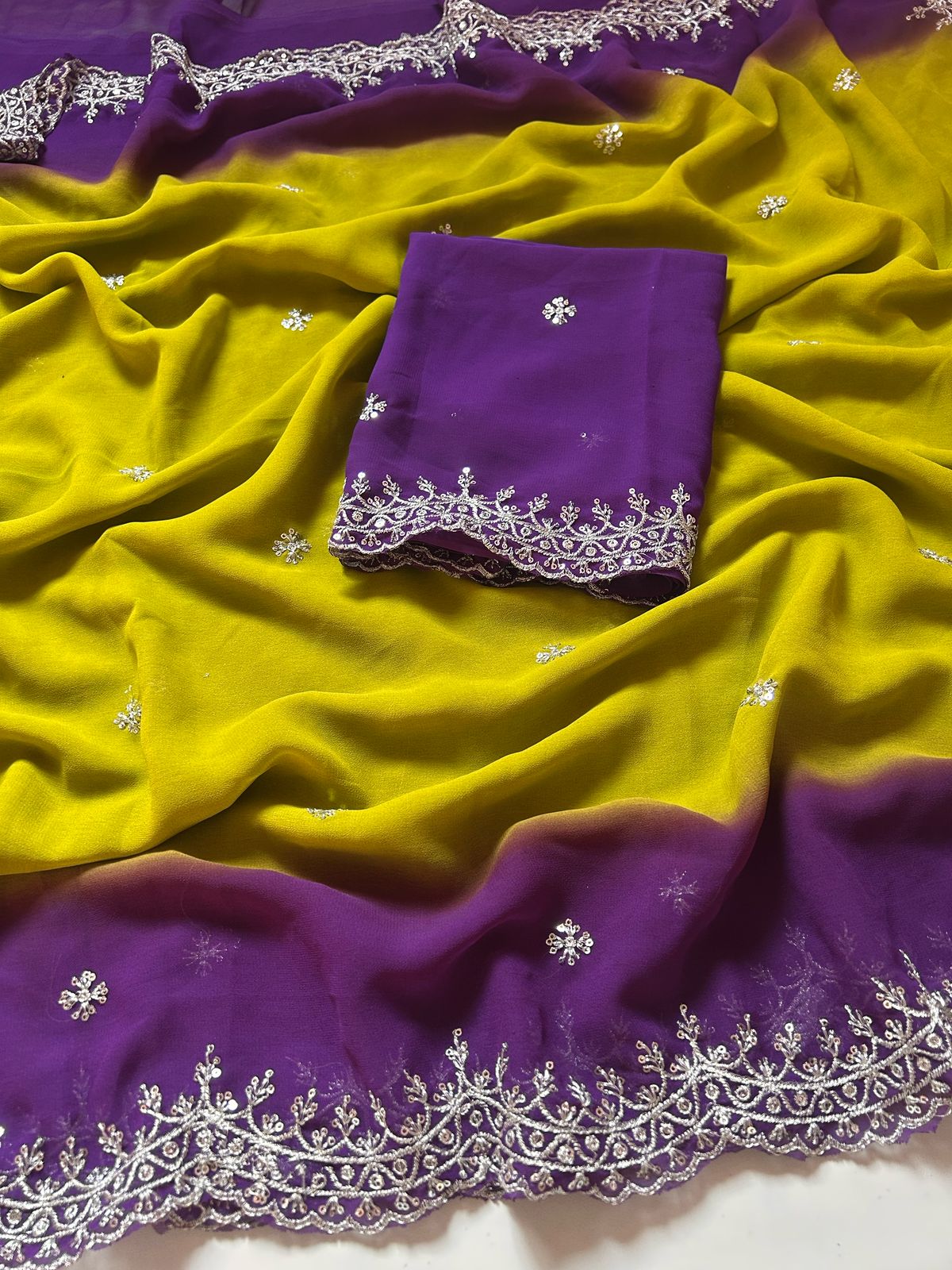 Mellifluous Party Wear Soft Chiffon Silk Sequence Embroidery n Arca Border Work Fancy Designer Saree With Blouse