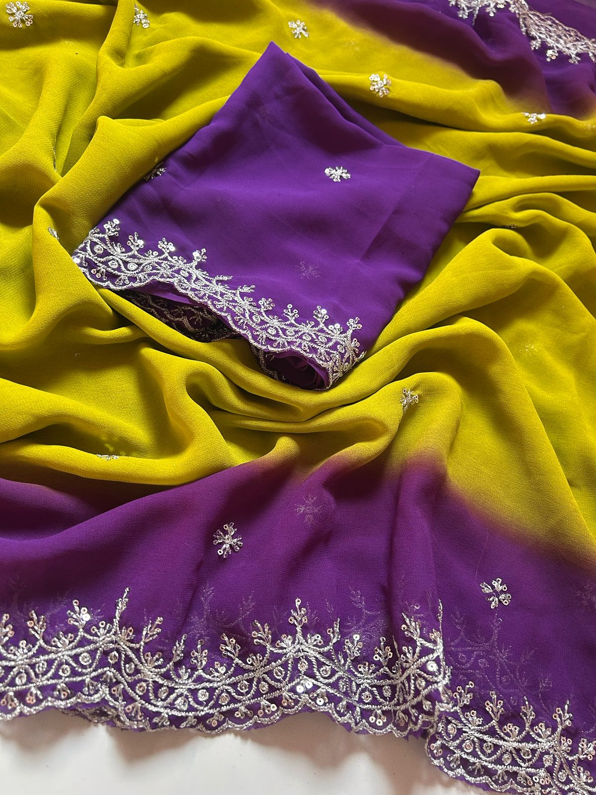 Mellifluous Party Wear Soft Chiffon Silk Sequence Embroidery n Arca Border Work Fancy Designer Saree With Blouse