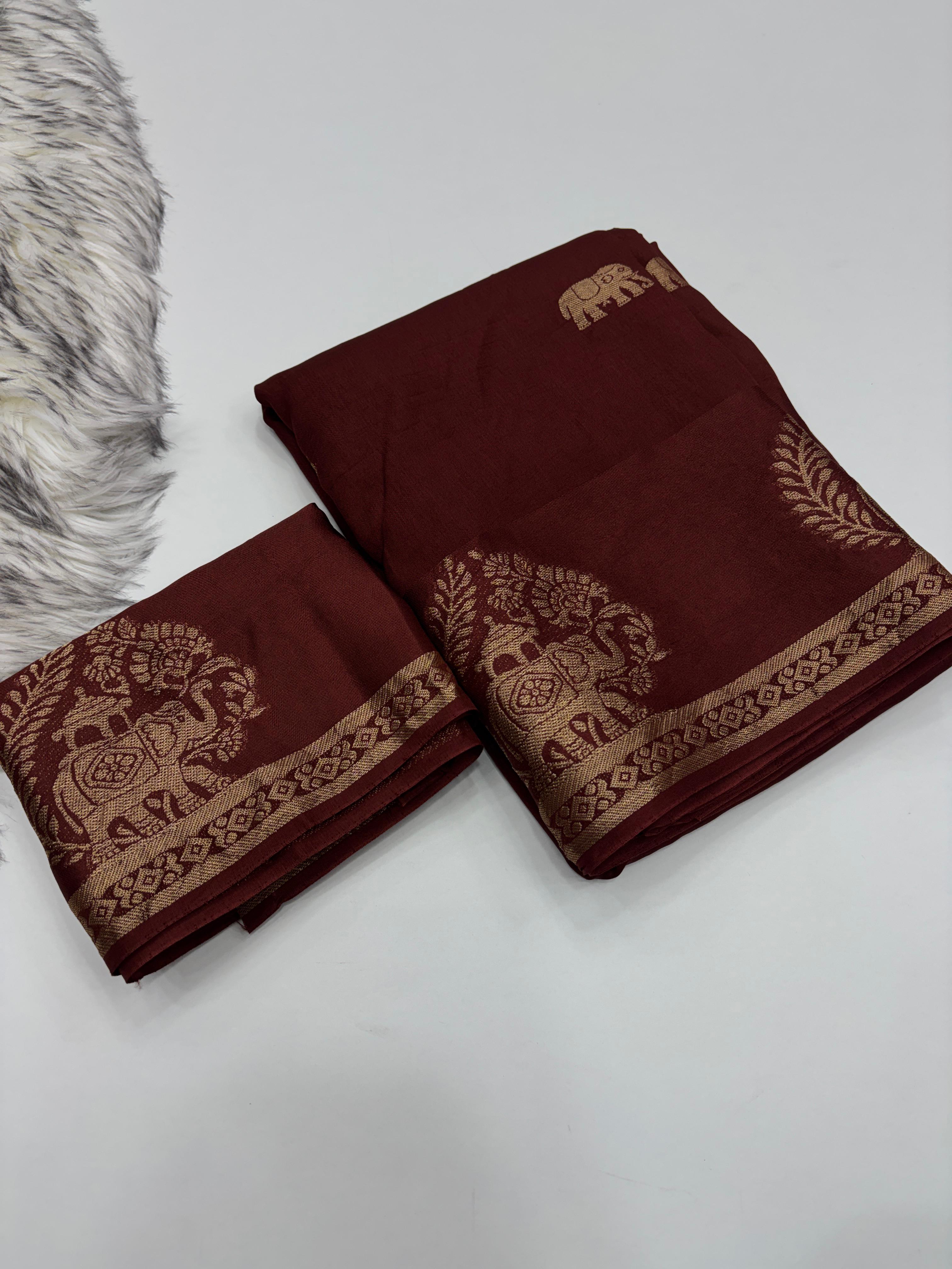 Quintessential Pure Soft Viscose Fabric Golden Zari Jacquard Work Fancy Designer Saree With Blouse