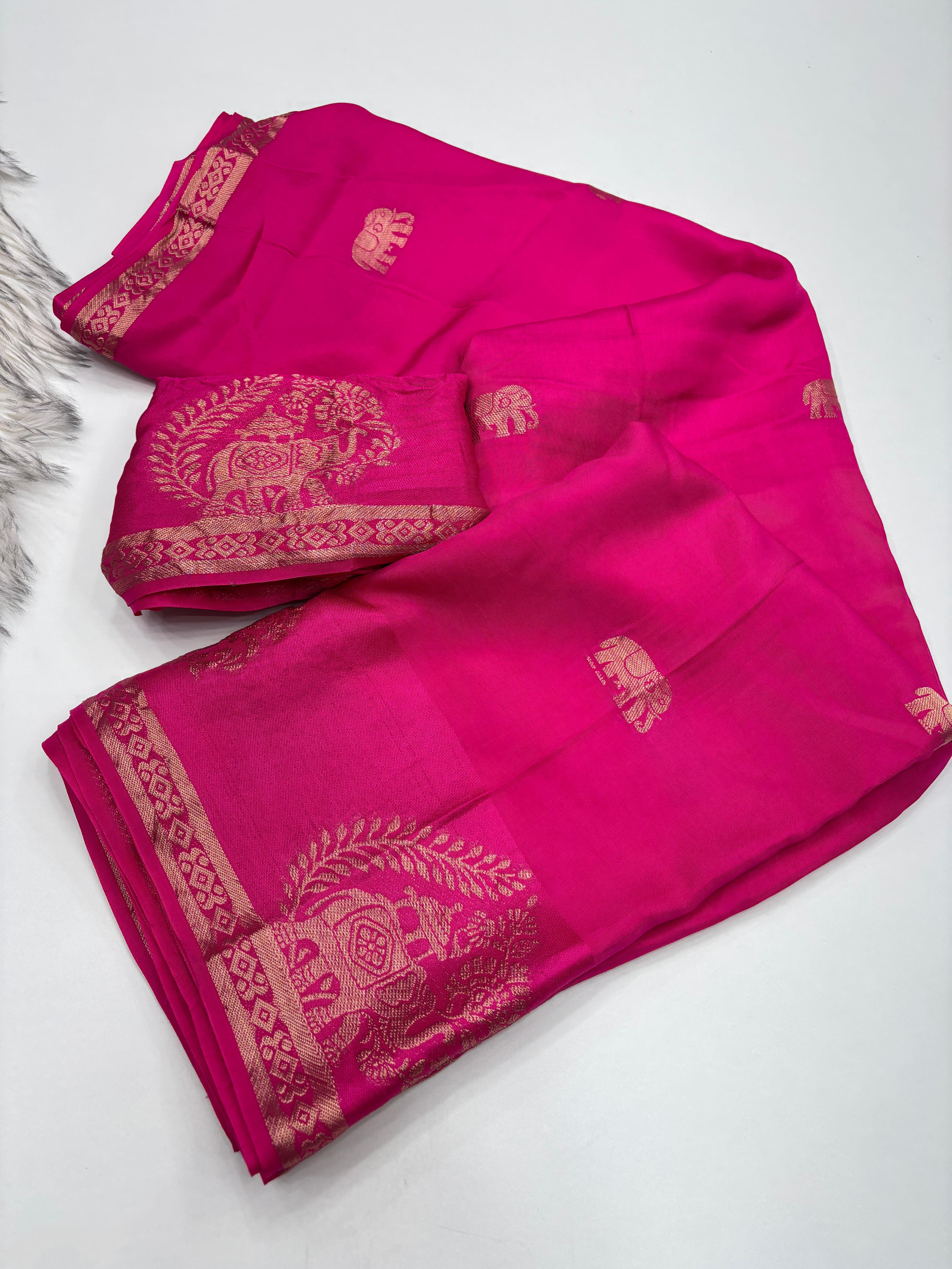 Quintessential Pure Soft Viscose Fabric Golden Zari Jacquard Work Fancy Designer Saree With Blouse